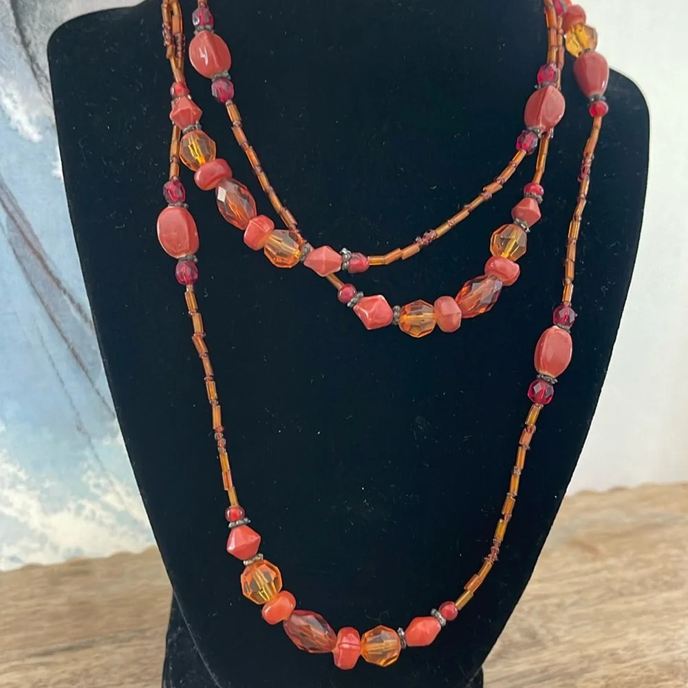 Bundle 6 Beaded long Necklaces Red Green Blue Orange Purple Yellow Brown - Picture 5 of 17